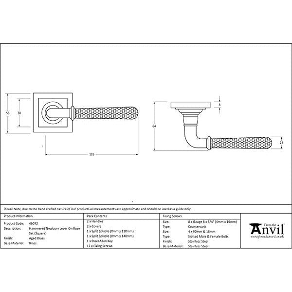 From The Anvil - Hammered Newbury Lever on Rose Set (Square) - Aged Brass - 46072 - Choice Handles