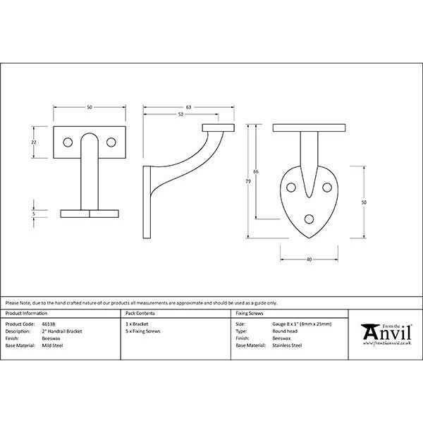 From The Anvil - 2" Handrail Bracket - Beeswax - 46138 - Choice Handles