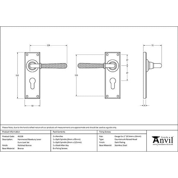 From The Anvil - Hammered Newbury Lever Euro Lock Set - Polished Bronze - 46228 - Choice Handles