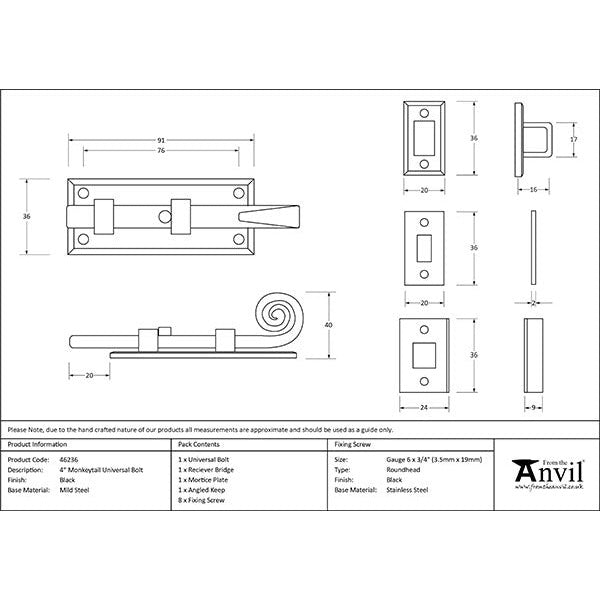 From The Anvil - 4" Monkeytail Universal Bolt - Black - 46236 - Choice Handles