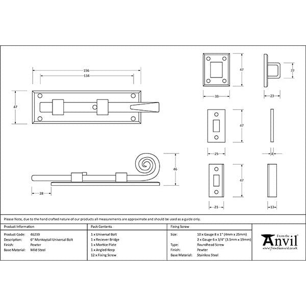 From The Anvil - 6" Monkeytail Universal Bolt - Pewter Patina - 46239 - Choice Handles