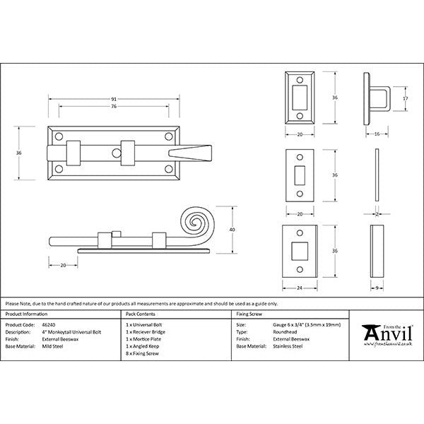 From The Anvil - 4" Monkeytail Universal Bolt - External Beeswax - 46240 - Choice Handles