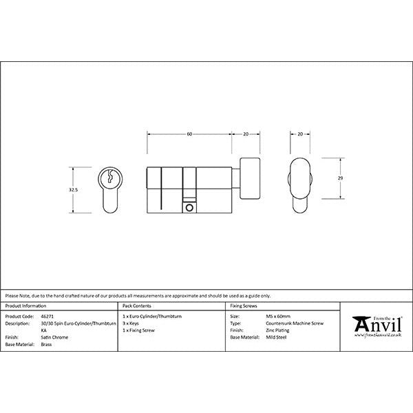 From The Anvil - 30/30 5pin Euro Cylinder/Thumbturn KA - Satin Chrome - 46271 - Choice Handles