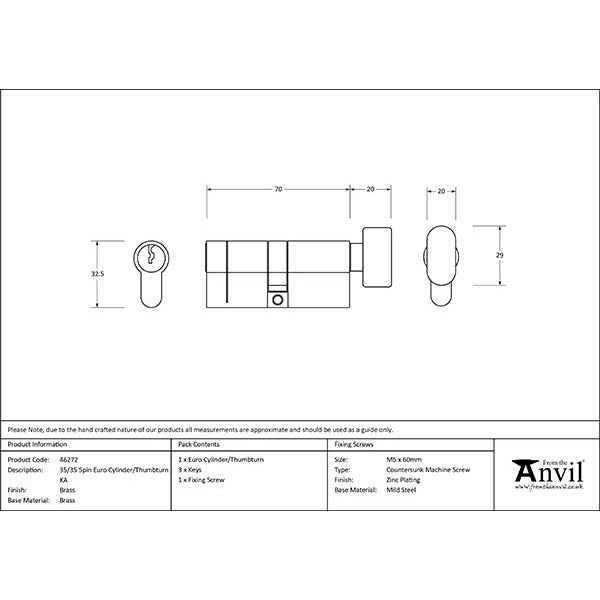 From The Anvil - 35/35 5pin Euro Cylinder/Thumbturn KA - Lacquered Brass - 46272 - Choice Handles