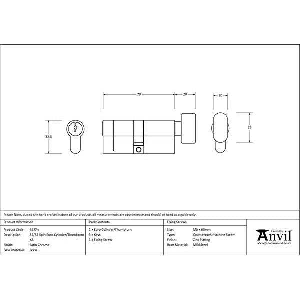 From The Anvil - 35/35 5pin Euro Cylinder/Thumbturn KA - Satin Chrome - 46274 - Choice Handles