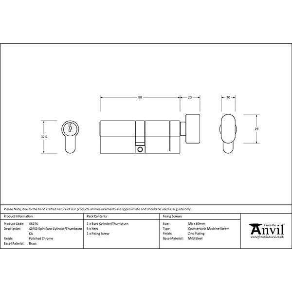 From The Anvil - 40/40 5pin Euro Cylinder/Thumbturn KA - Polished Chrome - 46276 - Choice Handles