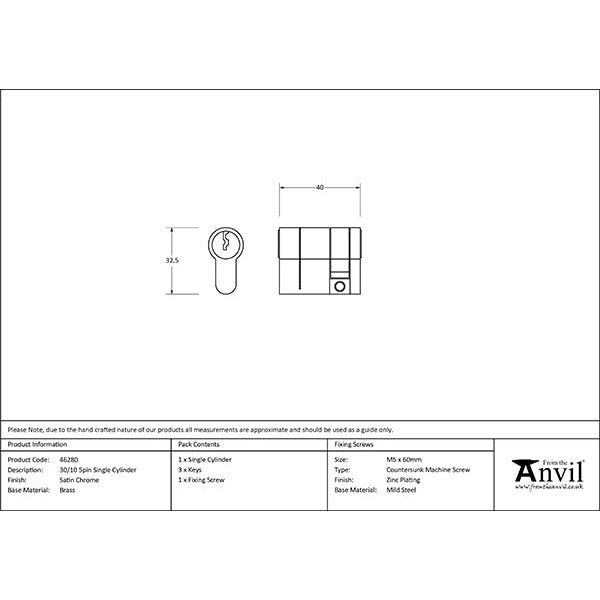 From The Anvil - 30/10 5pin Single Cylinder - Satin Chrome - 46280 - Choice Handles