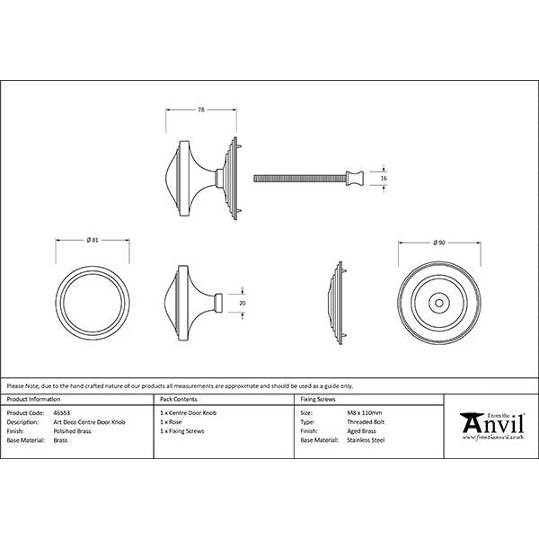 From The Anvil - Art Deco Centre Door Knob - Polished Brass - 46553 - Choice Handles