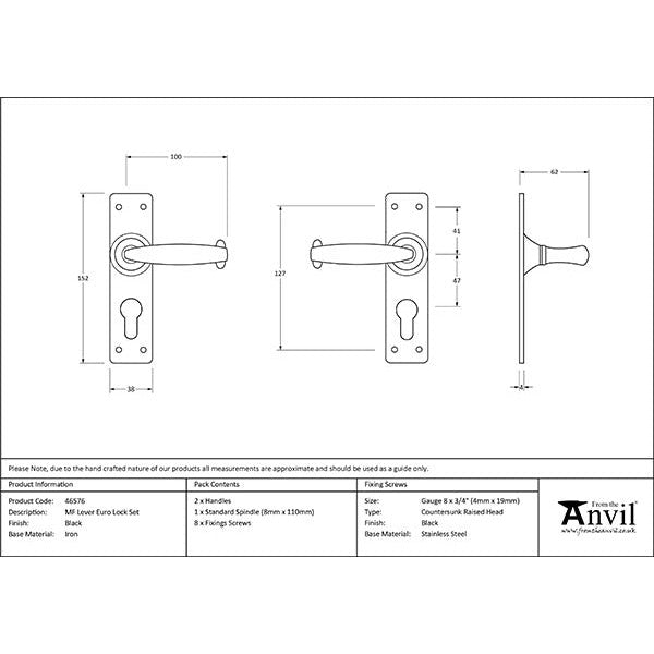 From The Anvil - MF Lever Euro Lock Set - Black - 46576 - Choice Handles