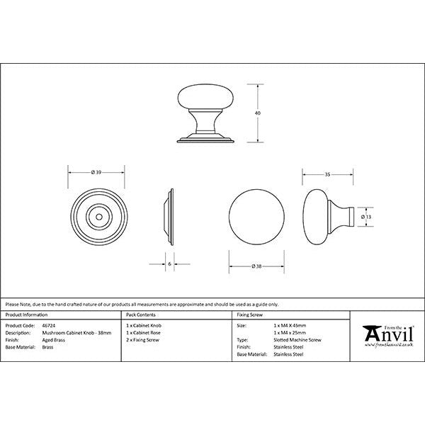 From The Anvil - Mushroom Cabinet Knob 38mm - Aged Brass - 46724 - Choice Handles