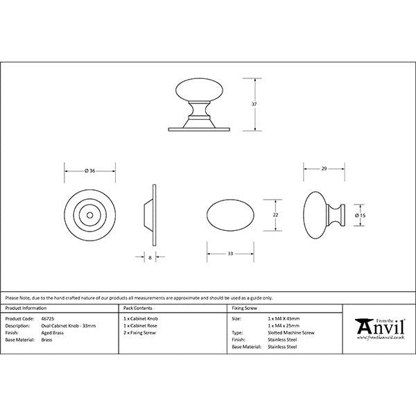 From The Anvil - Oval Cabinet Knob 33mm - Aged Brass - 46725 - Choice Handles