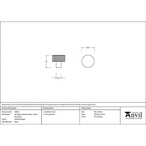 From The Anvil - Brompton Cabinet Knob - 25mm (No rose) - Polished Nickel - 46823 - Choice Handles