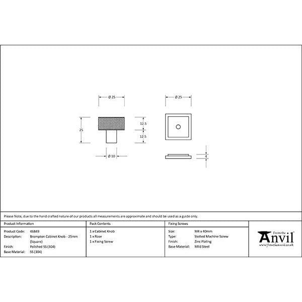 From The Anvil - Brompton Cabinet Knob - 25mm (Square) - Polished Stainless Steel - 46849 - Choice Handles