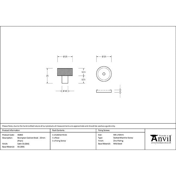 From The Anvil - Brompton Cabinet Knob - 25mm (Plain) - Satin Stainless Steel - 46850 - Choice Handles