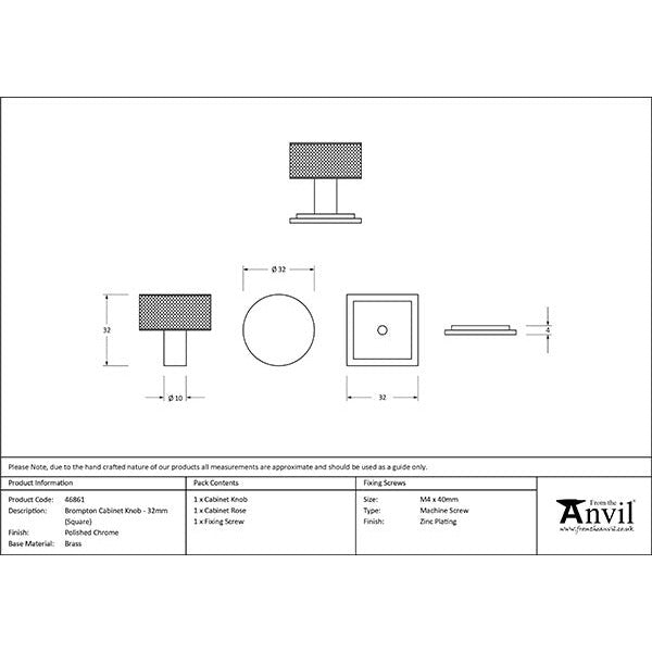From The Anvil - Brompton Cabinet Knob - 32mm (Square) - Polished Chrome - 46861 - Choice Handles