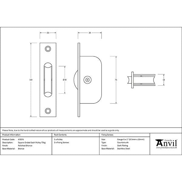 From The Anvil - Square Ended Sash Pulley 75kg - Aged Bronze - 47074 - Choice Handles