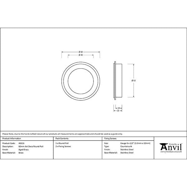 From The Anvil - 60mm Art Deco Round Pull - Aged Brass - 48316 - Choice Handles