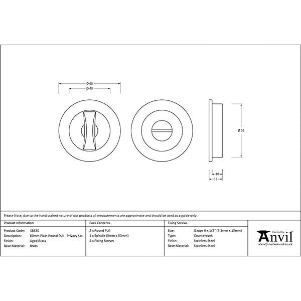 From The Anvil - 60mm Plain Round Pull - Privacy Set - Aged Brass - 48330 - Choice Handles