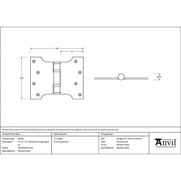 From The Anvil - 4" x 3" x 5"  Parliament Hinge (pair) ss - Polished Chrome - 49558 - Choice Handles