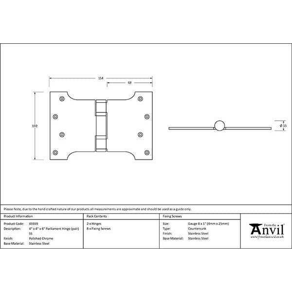 From The Anvil - 4" x 4" x 6"  Parliament Hinge (pair) ss - Polished Chrome - 49559 - Choice Handles