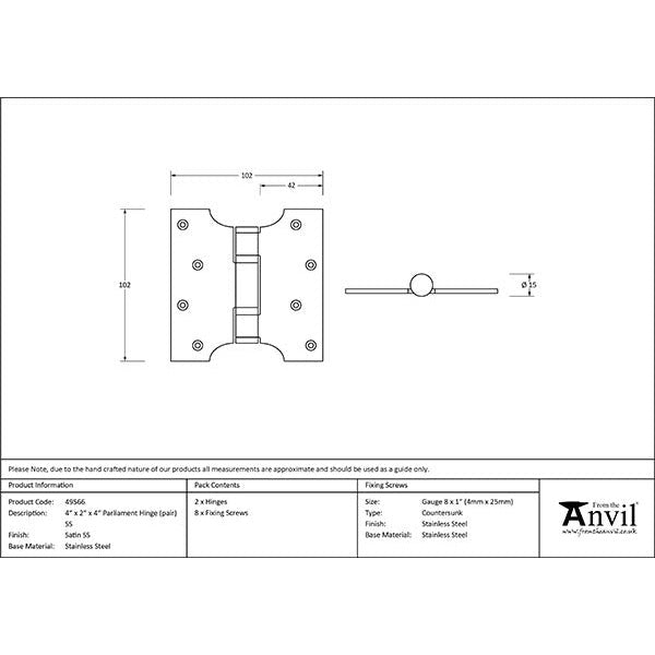 From The Anvil - 4" x 2" x 4"  Parliament Hinge (pair) - Satin Stainless Steel - 49566 - Choice Handles