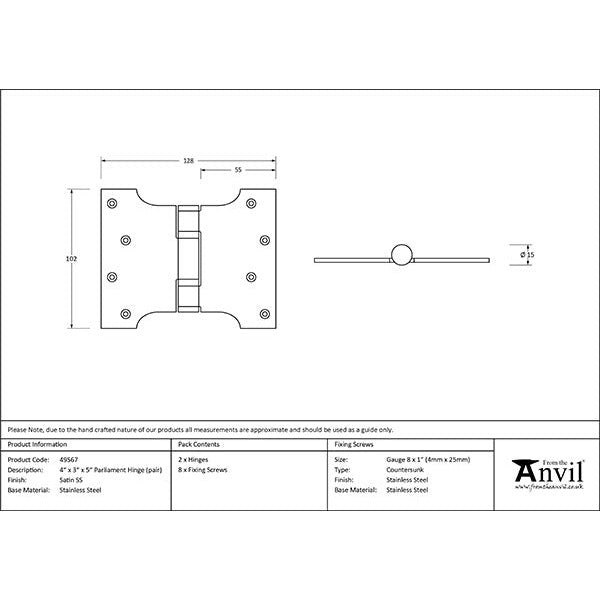 From The Anvil - 4" x 3" x 5"  Parliament Hinge (pair) - Satin Stainless Steel - 49567 - Choice Handles