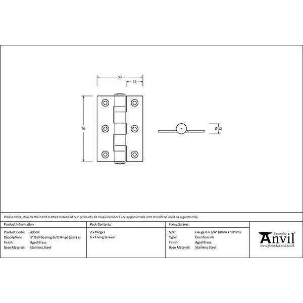 From The Anvil - 3" Ball Bearing Butt Hinge (pair) ss - Aged Brass - 49569 - Choice Handles