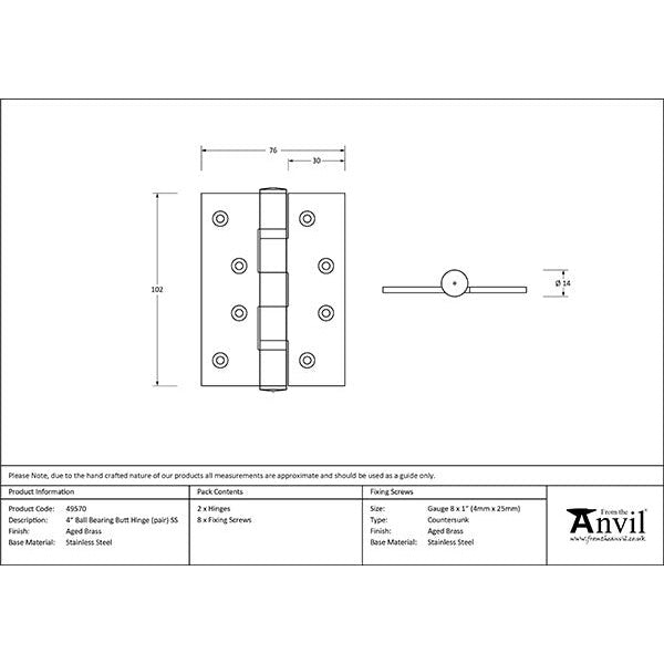 From The Anvil - 4" Ball Bearing Butt Hinge (pair) ss - Aged Brass - 49570 - Choice Handles