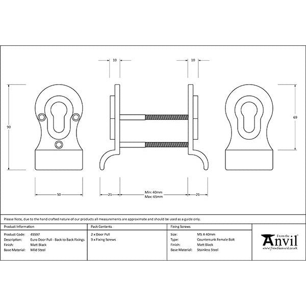 From The Anvil - 50mm Euro Door Pull (Back to Back fixing) - Matt Black - 49597 - Choice Handles
