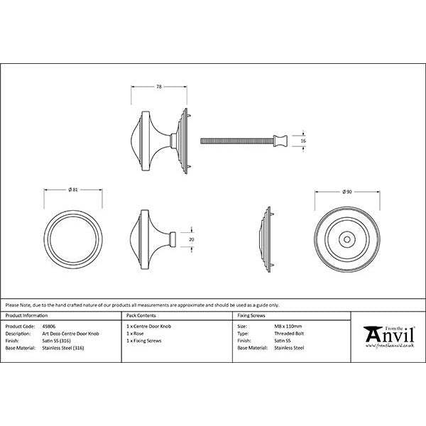 From The Anvil - Art Deco Centre Door Knob - Satin Marine SS (316) - 49806 - Choice Handles