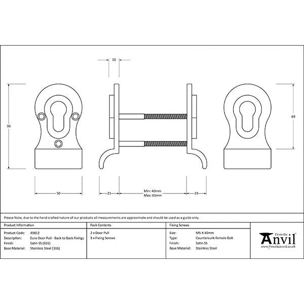 From The Anvil - 50mm Euro Door Pull (Back to Back fixings) - Satin Marine SS (316) - 49812 - Choice Handles