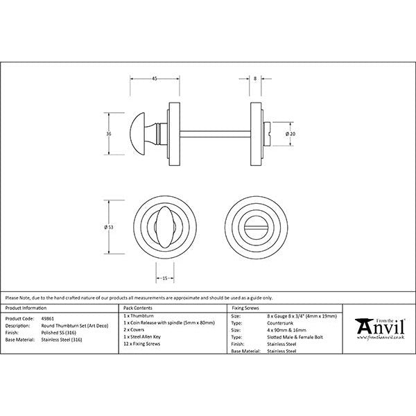 From The Anvil - Round Thumbturn Set (Art Deco) - Polished Marine SS (316) - 49861 - Choice Handles