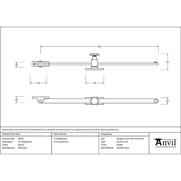 From The Anvil - 15" Sliding Stay - Pewter Patina - 49915 - Choice Handles