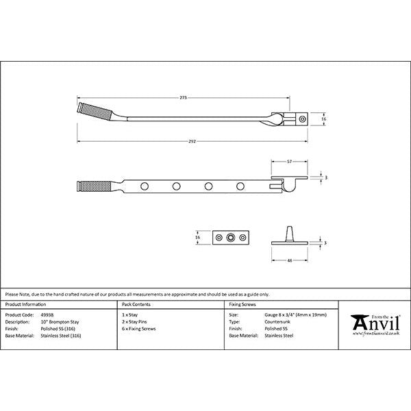 From The Anvil - 10" Brompton Stay - Polished Marine SS (316) - 49938 - Choice Handles