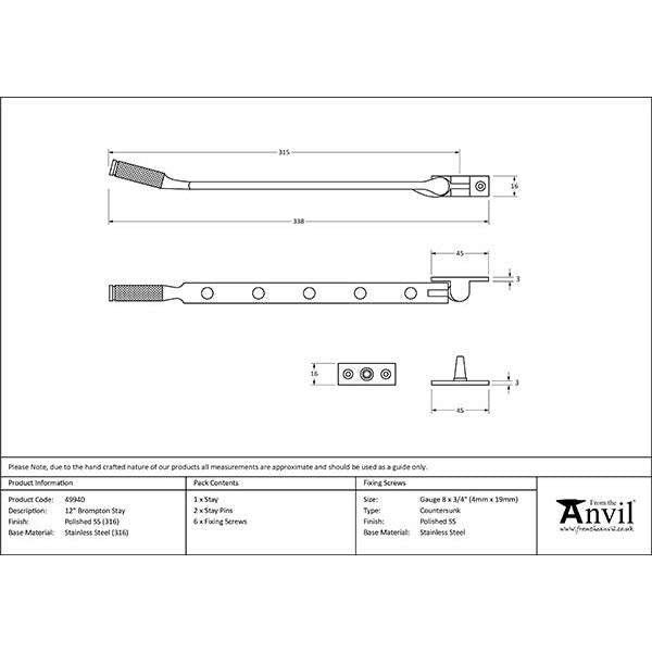 From The Anvil - 12" Brompton Stay - Polished Marine SS (316) - 49940 - Choice Handles
