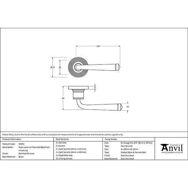 From The Anvil - Avon Round Lever on Rose Set (Beehive) - Unsprung - Polished Chrome - 49951 - Choice Handles