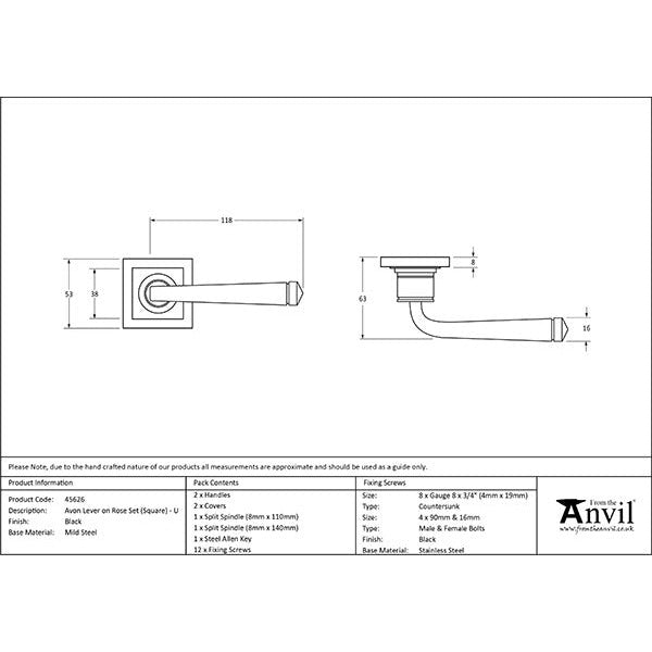 From The Anvil - Avon Round Lever on Rose Set (Square) - Unsprung - Black - 49960 - Choice Handles