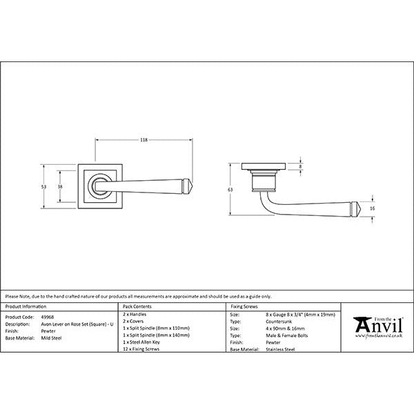 From The Anvil - Avon Round Lever on Rose Set (Square) - Unsprung - Pewter Patina - 49968 - Choice Handles