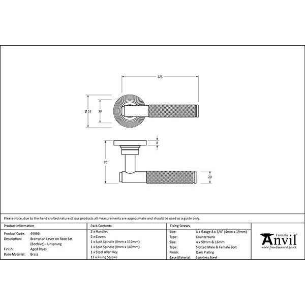 From The Anvil - Brompton Lever on Rose Set (Beehive) - Unsprung - Aged Brass - 49995 - Choice Handles