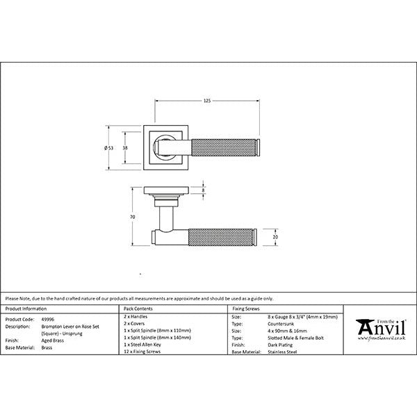 From The Anvil - Brompton Lever on Rose Set (Square) - Unsprung - Aged Brass - 49996 - Choice Handles