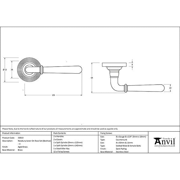 From The Anvil - Newbury Lever on Rose Set (Beehive) - Unsprung - Aged Brass - 50019 - Choice Handles