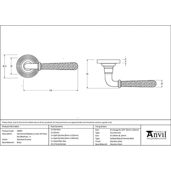 From The Anvil - Hammered Newbury Lever on Rose Set (Beehive) - Unsprung - Polished Chrome - 50043 - Choice Handles