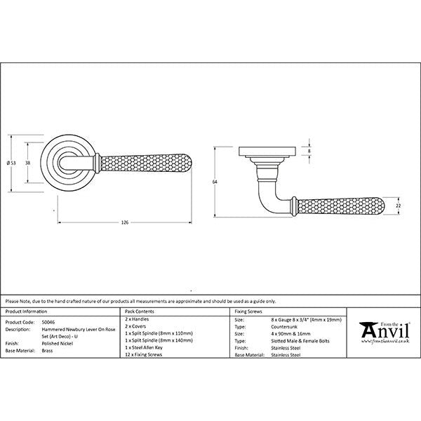 From The Anvil - Hammered Newbury Lever on Rose Set (Art Deco) Unsprung - Polished Nickel - 50046 - Choice Handles