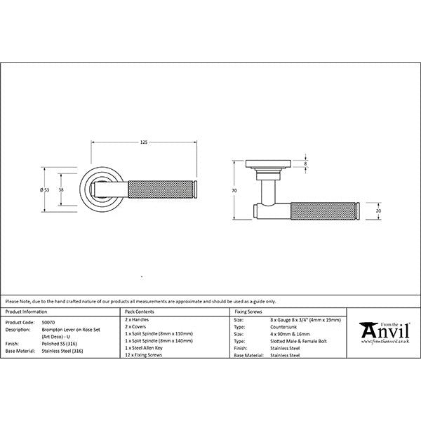 From The Anvil - Brompton Lever on Rose Set (Art Deco) - Unsprung - Polished Marine SS (316) - 50070 - Choice Handles