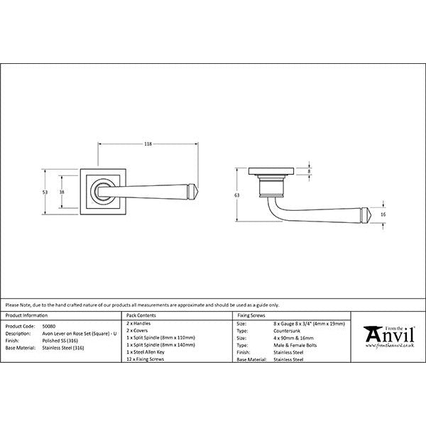 From The Anvil - Avon Round Lever on Rose Set (Square) - Unsprung - Polished Marine SS (316) - 50080 - Choice Handles
