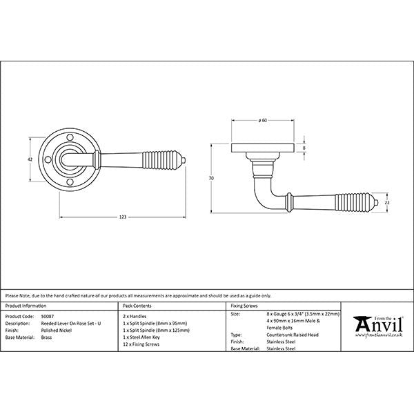 From The Anvil - Reeded Lever on Rose Set - Unsprung - Polished Nickel - 50087 - Choice Handles