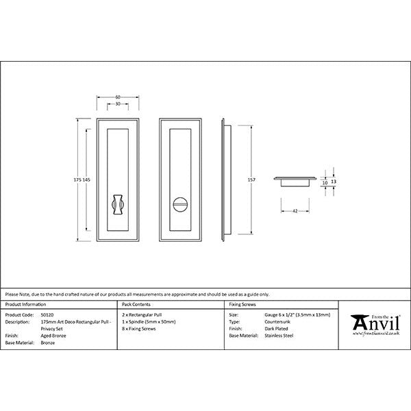 From The Anvil - 175mm Art Deco Rectangular Pull - Privacy Set - Aged Bronze - 50120 - Choice Handles