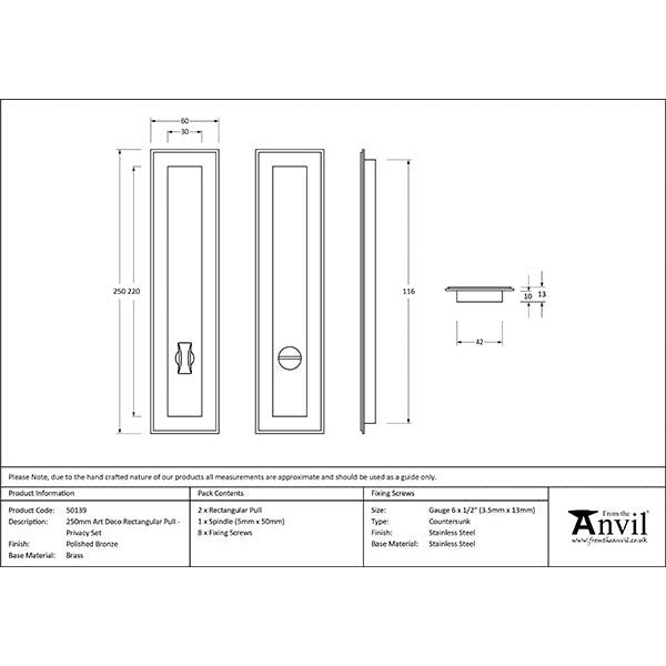 From The Anvil - 250mm Art Deco Rectangular Pull -Privacy Set - Polished Bronze - 50139 - Choice Handles