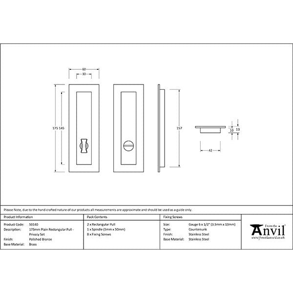 From The Anvil - 175mm Plain Rectangular Pull - Privacy Set - Polished Bronze - 50140 - Choice Handles