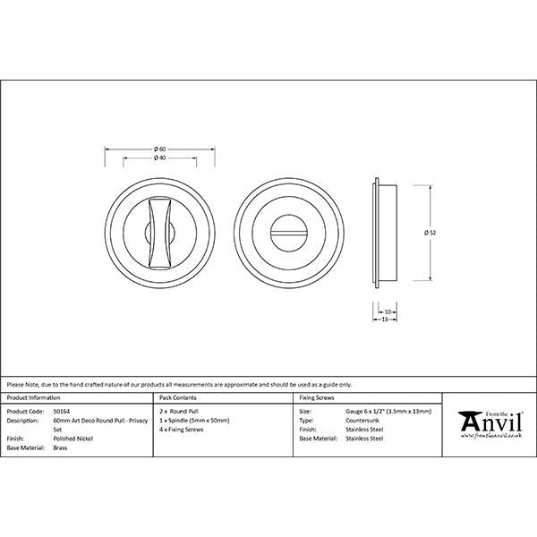 From The Anvil - 60mm Art Deco Round Pull - Privacy Set - Polished Nickel - 50164 - Choice Handles